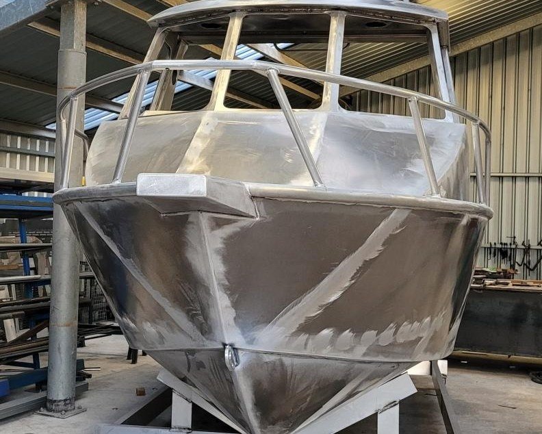 Sherwood Marine 600HT - 6m Hardtop aluminium boat kit - bare hull under construction, port bow quarter

