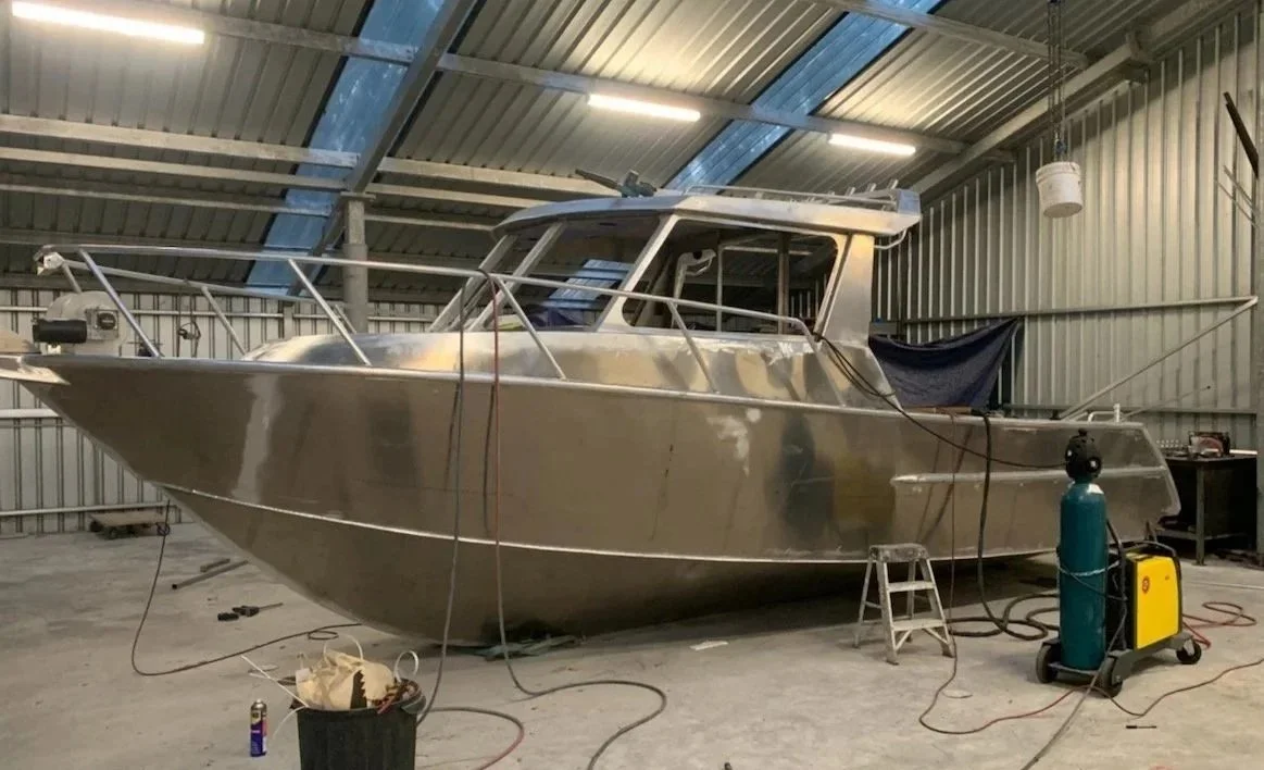 Sherwood Marine 780CAB - 7.8m Full Cab aluminium boat kit - finished hull in the shed, port side view