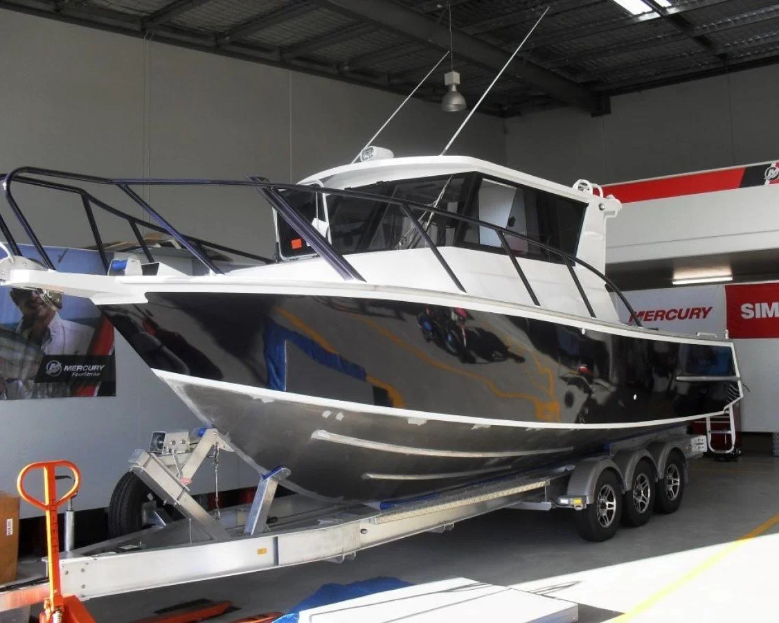 Sherwood Marine 780CAB - 7.8m Full Cab aluminium boat kit - on trailer, port bow quarter - sterndrive (old cab)

