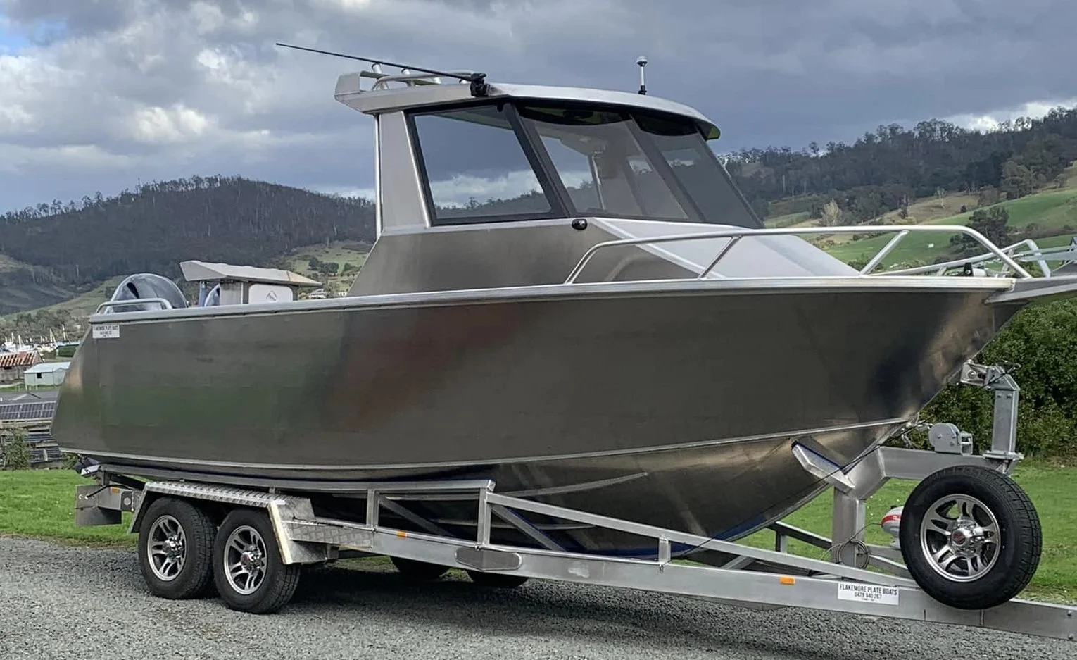 Sherwood Marine 680HT - 6.8m Hardtop aluminium boat kit - finished hull on the trailer, starboard bow quarter
