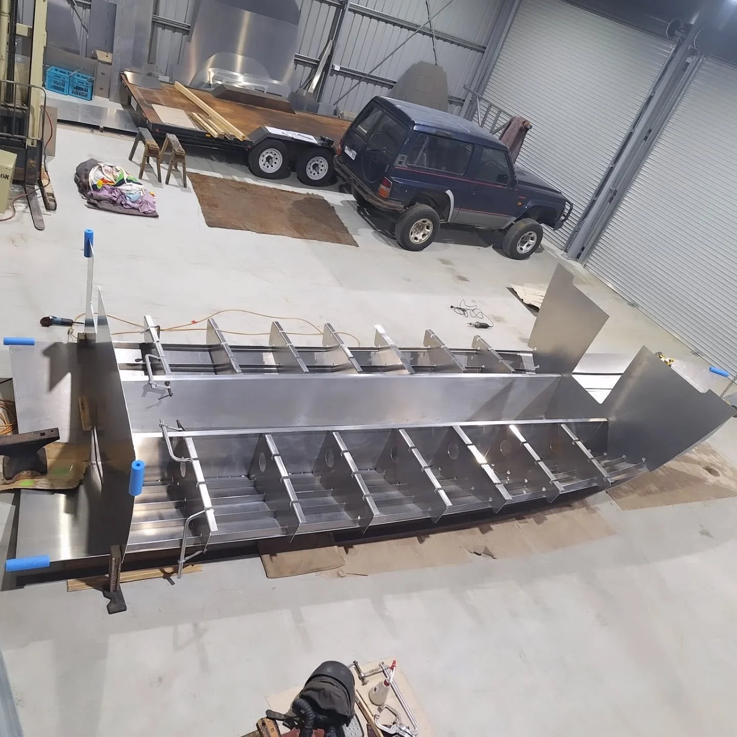 Sherwood Marine 830XCAB extended cab 8.35 m aluminium monohull boat kit — in workshop, bottom framing