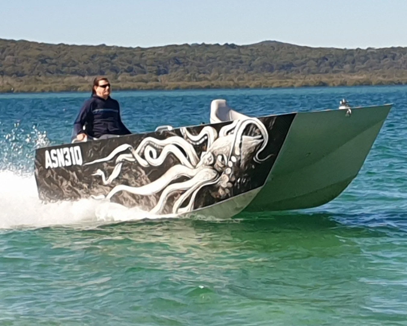 Sherwood Marine C450T tiller steer 4.5 m aluminium catamaran boat kit - on water starboard bow quarter