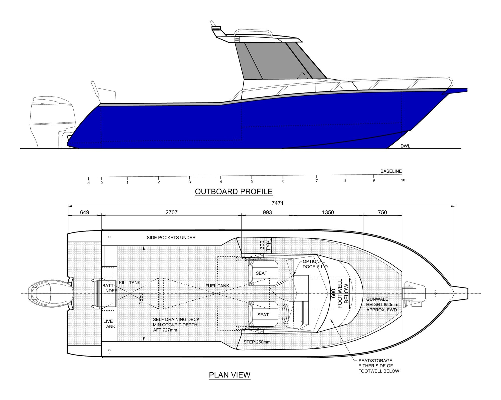 Sherwood Marine 750CCB - 7.5m Centre Cab aluminium boat kit - GA
