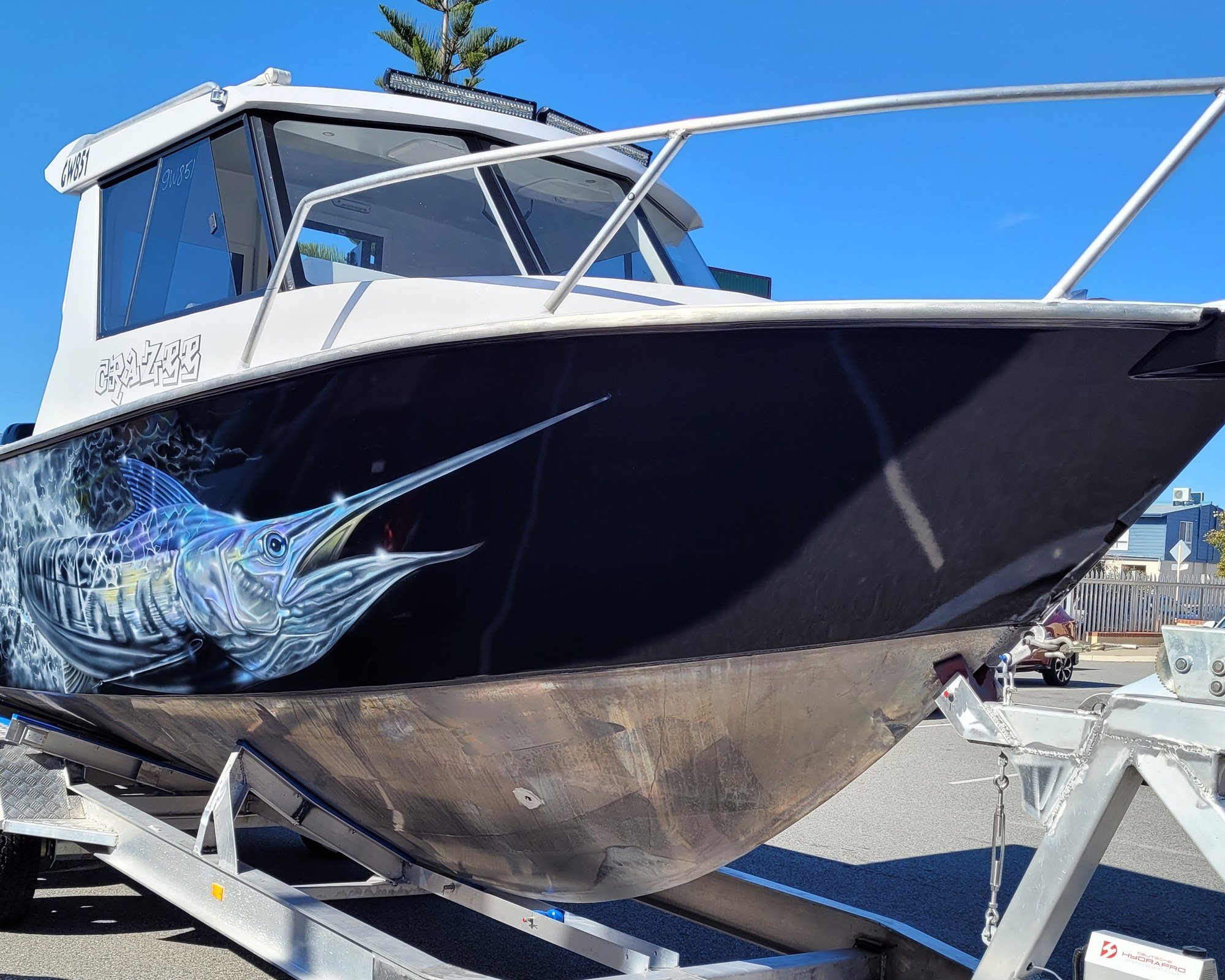 Sherwood Marine 830CAB - 8.3m Full Cab aluminium boat kit - bow quarter with hull wrap
