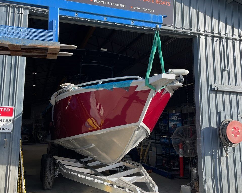 Sherwood Marine 600CC centre console aluminium monohull boat kit - lifted onto trailer
