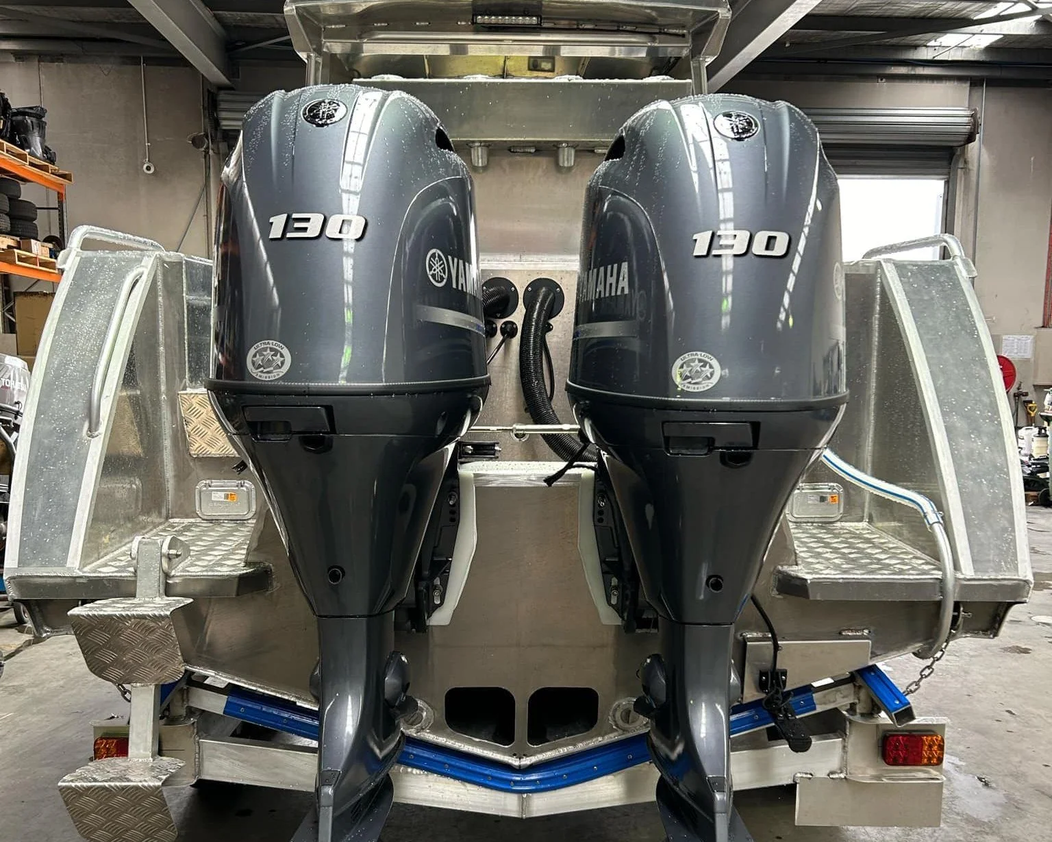 Sherwood Marine 680HT - 6.8m Hardtop aluminium boat kit - stern view with twin outboards
