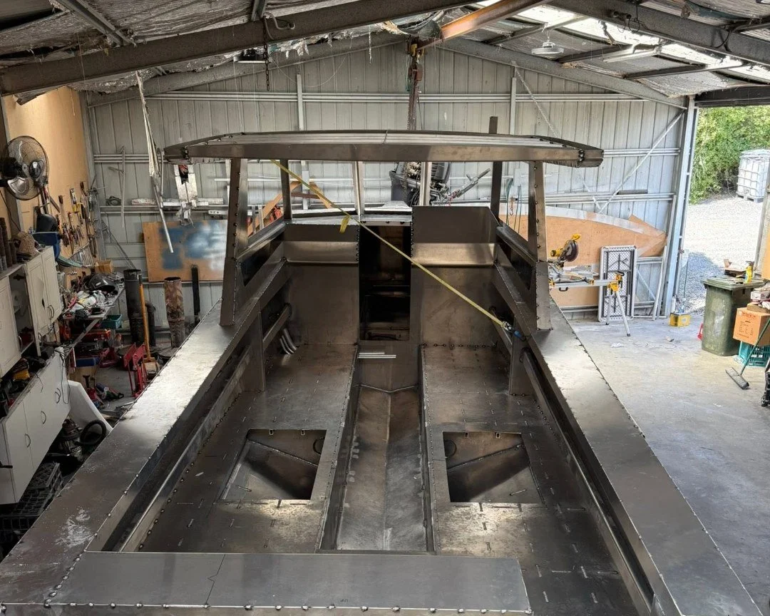 Sherwood Marine 830HTX - 8.3m Extended Hardtop aluminium boat kit - cockpit structure looking forward to hardtop