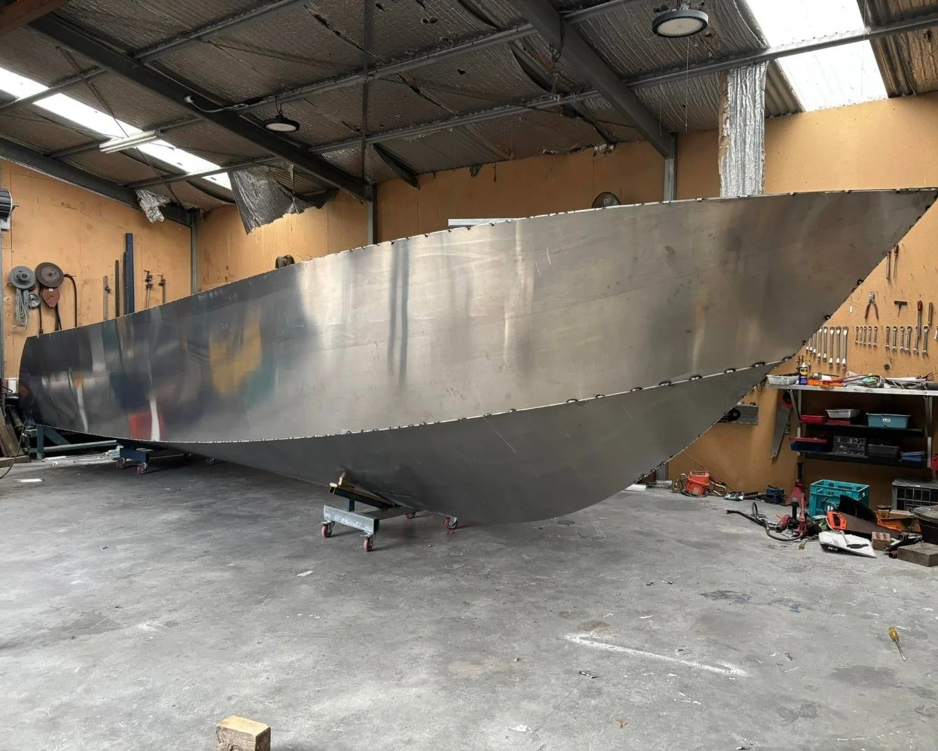 Sherwood Marine 830HTX - 8.3m Extended Hardtop aluminium boat kit - bare hull under construction, starboard bow quarter
