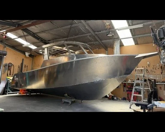 Sherwood Marine 830HTX - 8.3m Extended Hardtop aluminium boat kit - bare hull under construction, starboard bow quarter