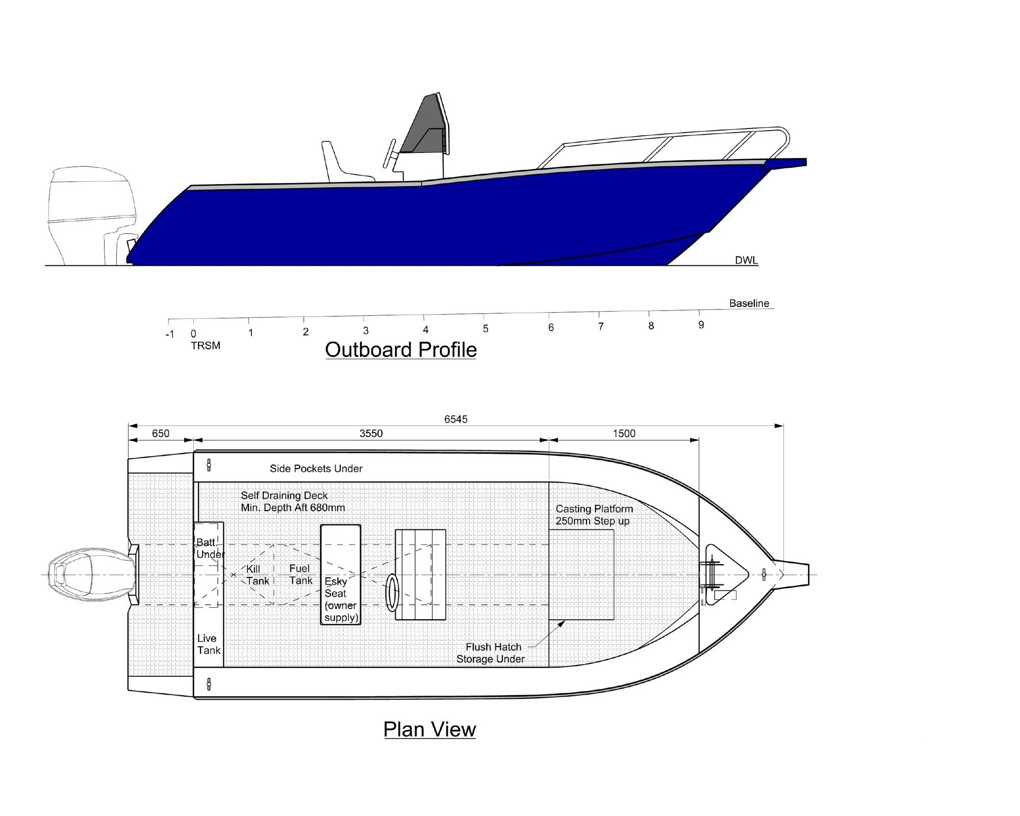 Sherwood Marine 655CC - 6.55m Centre Console aluminium boat kit - GA
