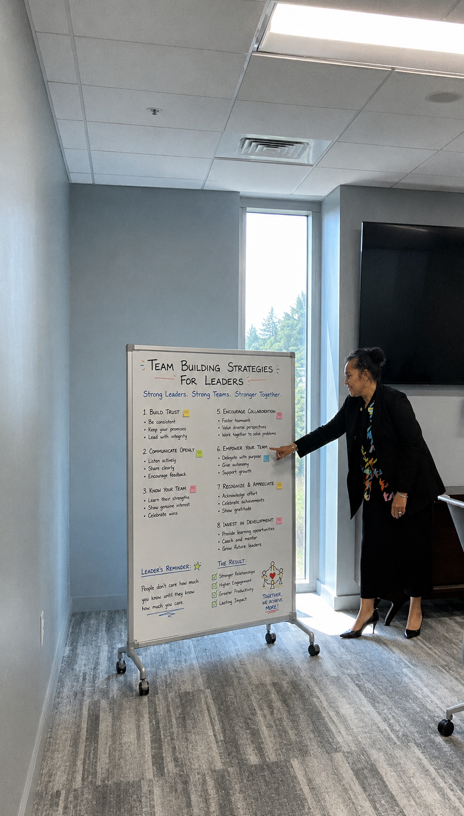 A woman in business attire points to a whiteboard with team building strategies for leaders, including points like building trust, communicating openly, knowing your team, encouraging collaboration, empowering your team, recognizing achievements, investing in development, and a reminder that people care more when they know you care.