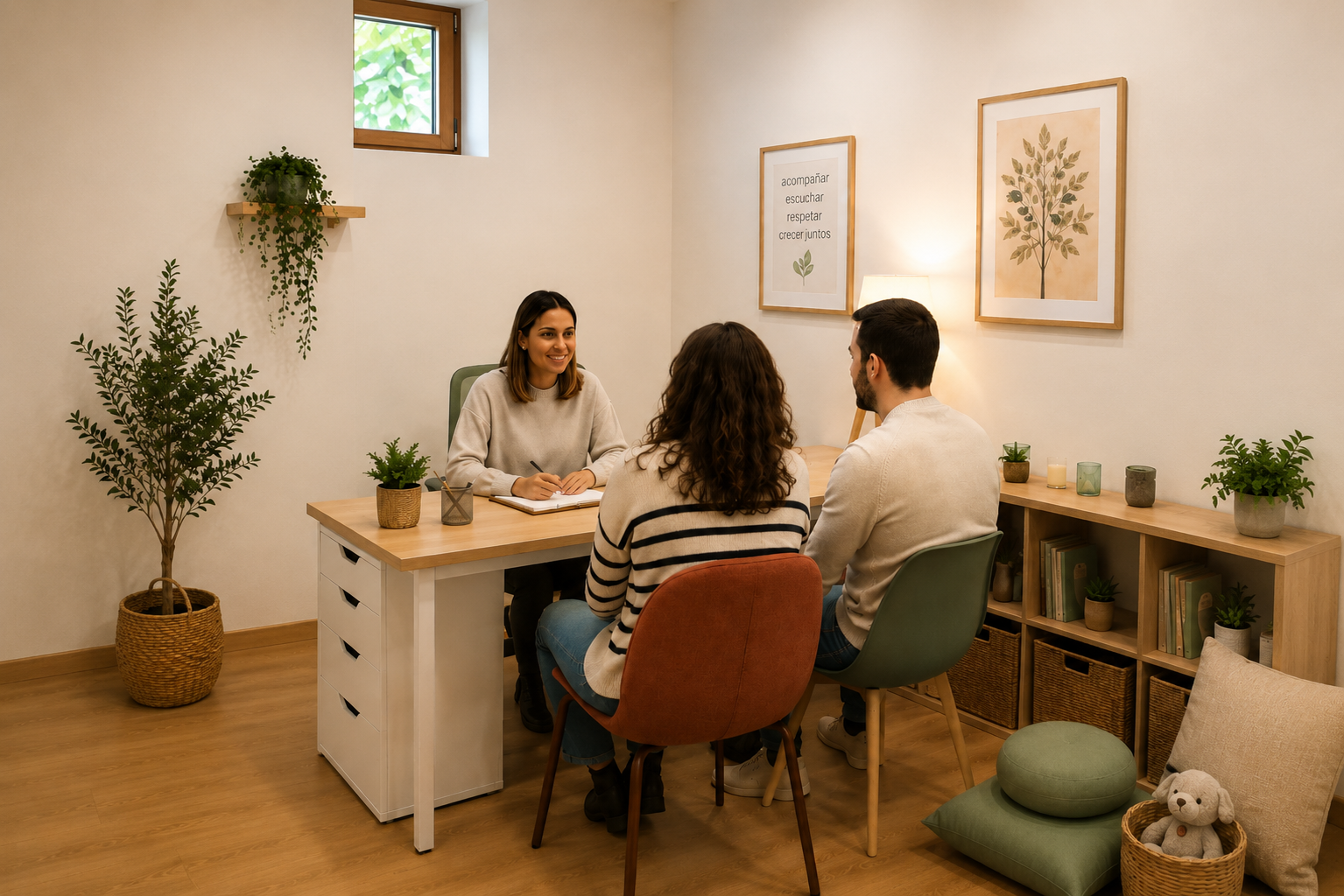 Una mujer hablando con una pareja en una consulta en una oficina decorada con plantas, cuadros y una lámpara.
