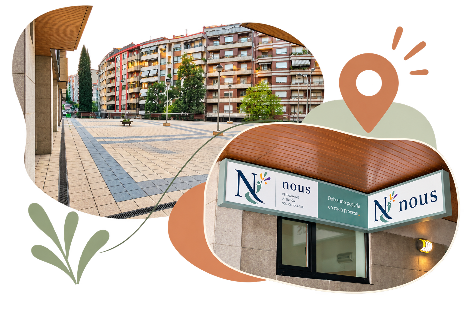 Vista de un edificio de apartamentos con área abierta y árboles, y un cartel de una institución educativa llamada 'nous' en un entorno urbano.
