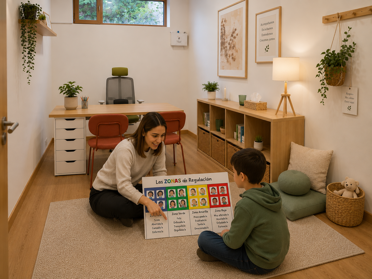 Sesión en una sala de terapia infantil con una mujer y un niño, frente a una pizarra con zonas de regulación emocional, en una habitación decorada con plantas y cuadros en la pared.