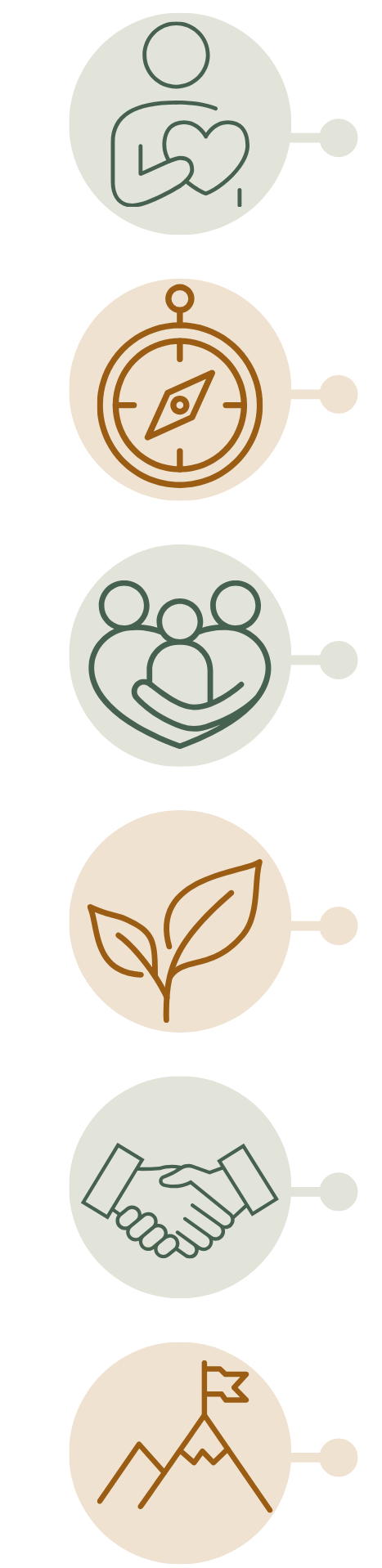 Iconos que representan amor, motivación, comunidad, sustentabilidad, acuerdo y logro.