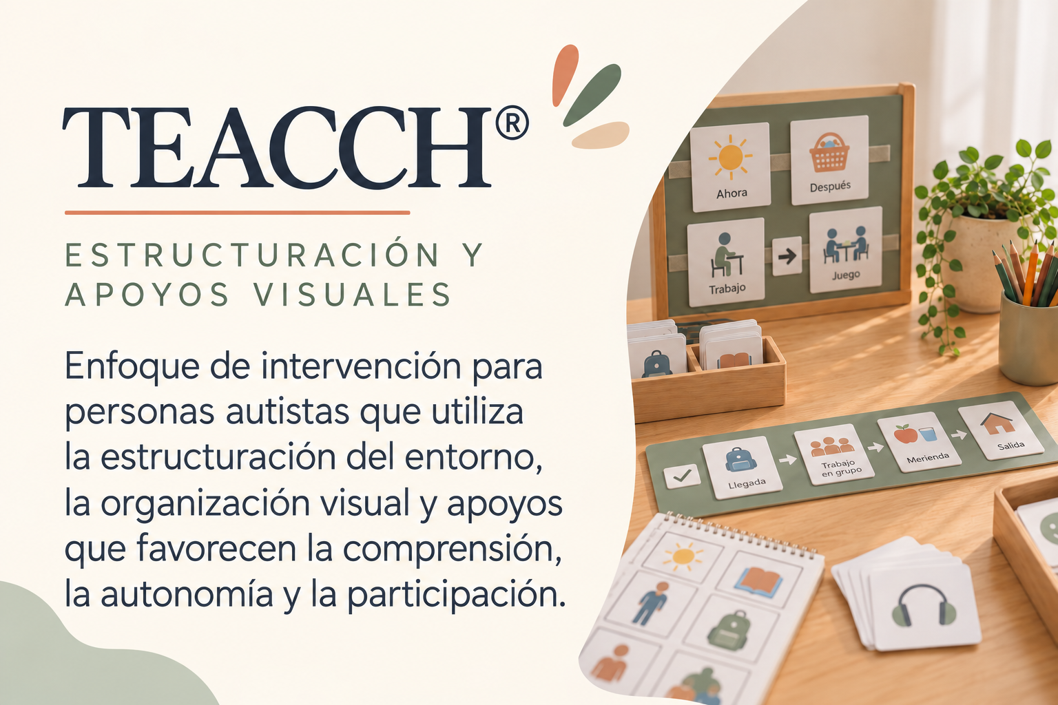 Material de apoyo visual para autistas que incluye tarjetas, una pizarra con imágenes, y objetos en una mesa de madera para estructuración del entorno y organización visual.