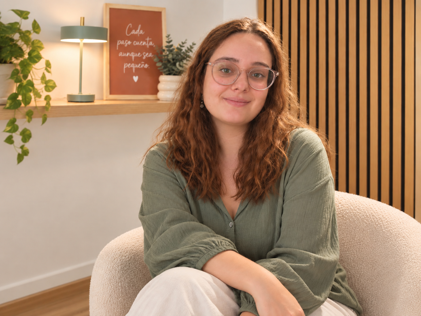 Mujer de cabello rizado y gafas, sonriendo en una sala con plantas y detalles decorativos.