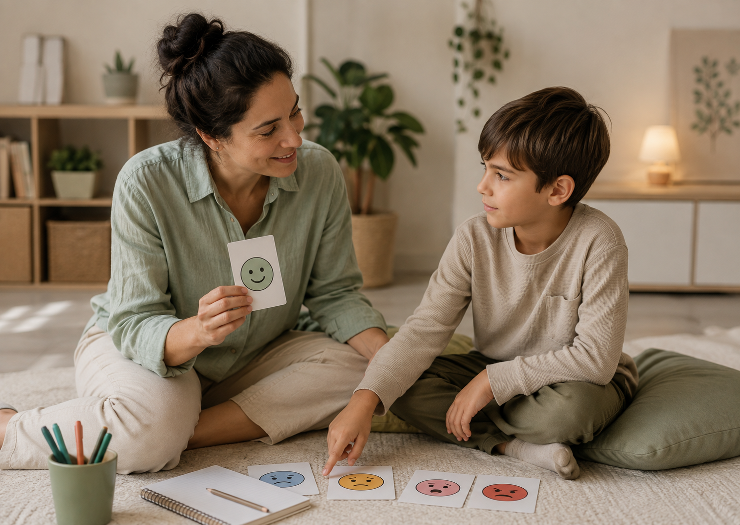 Mujer y niño jugando con tarjetas de emociones en una sala de estar, la mujer sostiene una tarjeta con cara feliz, y el niño señala otras tarjetas con diferentes expresiones faciales. Hay un cuaderno, unos bolígrafos y plantas en el fondo.
