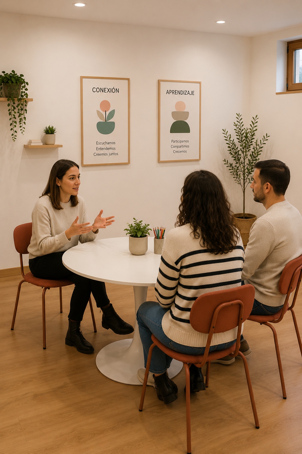 Tres personas en una reunión en una sala con paredes blancas, decorada con cuadros con plantas y frases motivacionales. Una mujer está hablando mientras las otras escuchan.