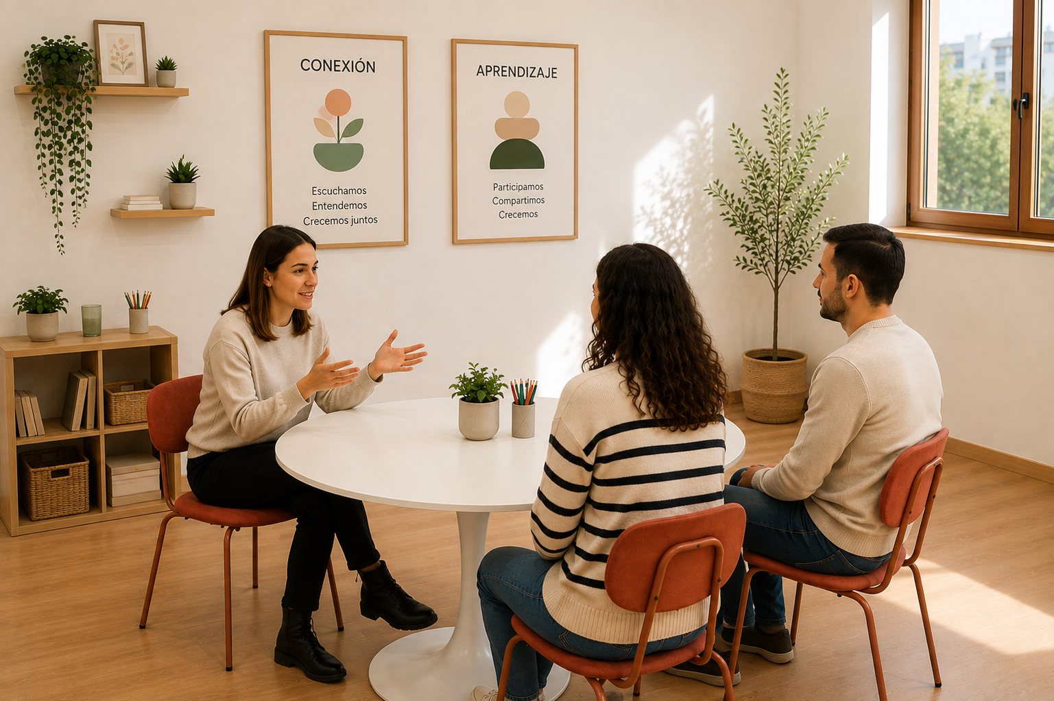 Tres personas en una sala de terapia o reunión, hablando y escuchando atentamente. Fondo con carteles que dicen 'Conexión' y 'Aprendizaje', decorados con ilustraciones de plantas y palabras relacionadas con la comunicación y el crecimiento. Ambiente acogedor con plantas y estanterías.