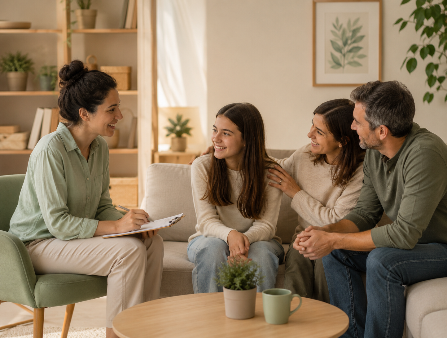 Una mujer está hablando con una familia de cuatro personas en una sala de estar acogedora y moderna, con plantas y cuadros en las paredes.