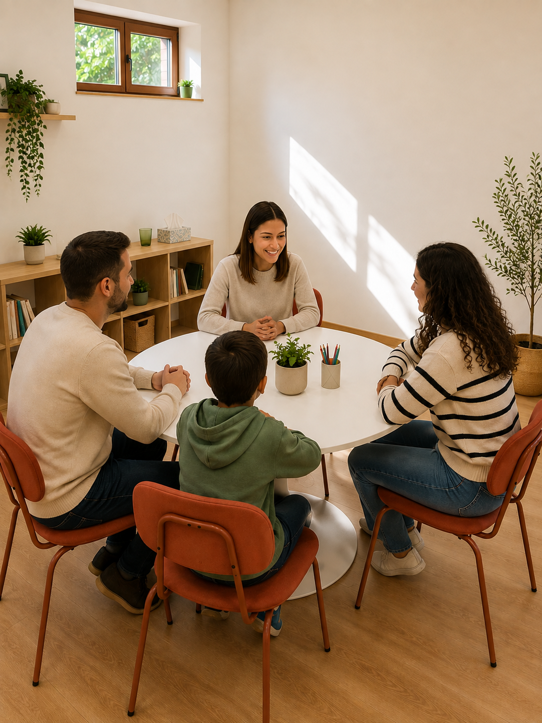 Grupo de cinco personas sentadas alrededor de una mesa en una oficina, participando en una reunión o conversación amistosa. Hay plantas y libros en un estante de fondo, y ventanas con vista a árboles.