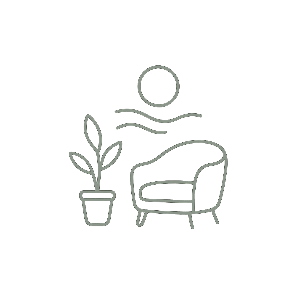 ilustración minimalista de una planta en una maceta, una silla acogedora y un sol, todo en línea sencilla.