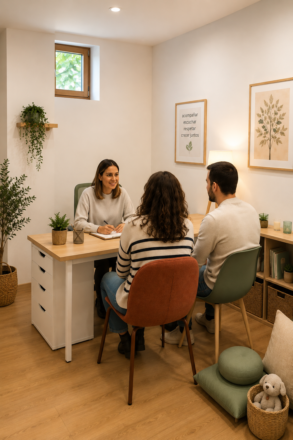 Una consulta en una oficina pequeña con tres personas sentadas en sillas y una mujer detrás de un escritorio. Hay plantas y cuadros en las paredes, y una ventana con vista a árboles.