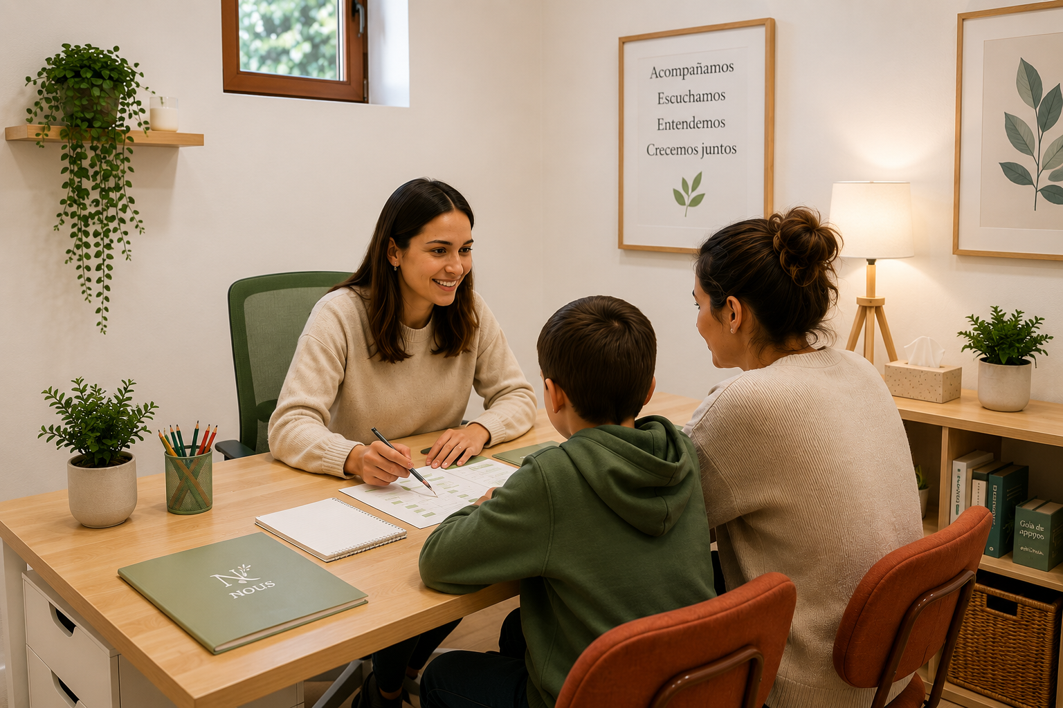 Una mujer brinda consejo a una adolescente y un niño en una consulta en un ambiente acogedor y con plantas decorativas.