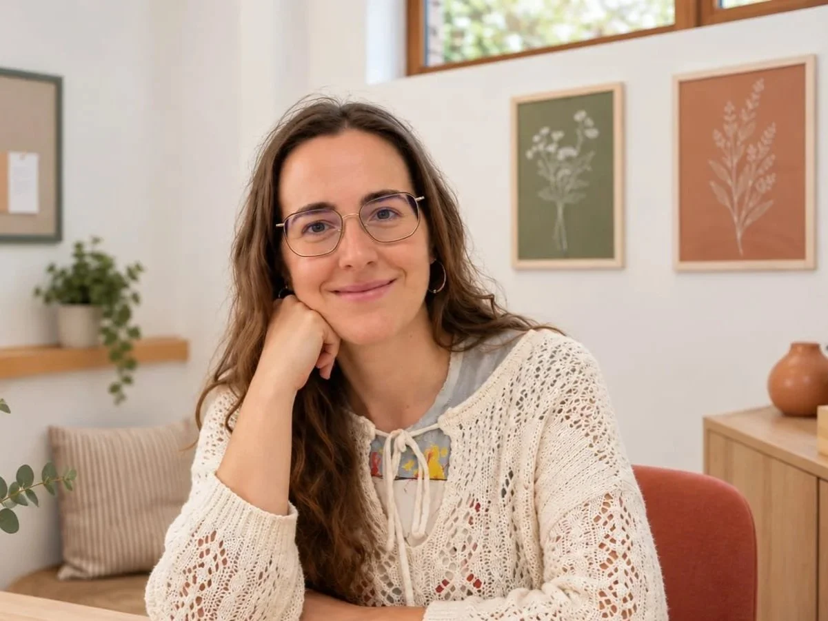Mujer sonriendo con lentes y pelo rizado en un ambiente decorado con cuadros con flores y plantas.