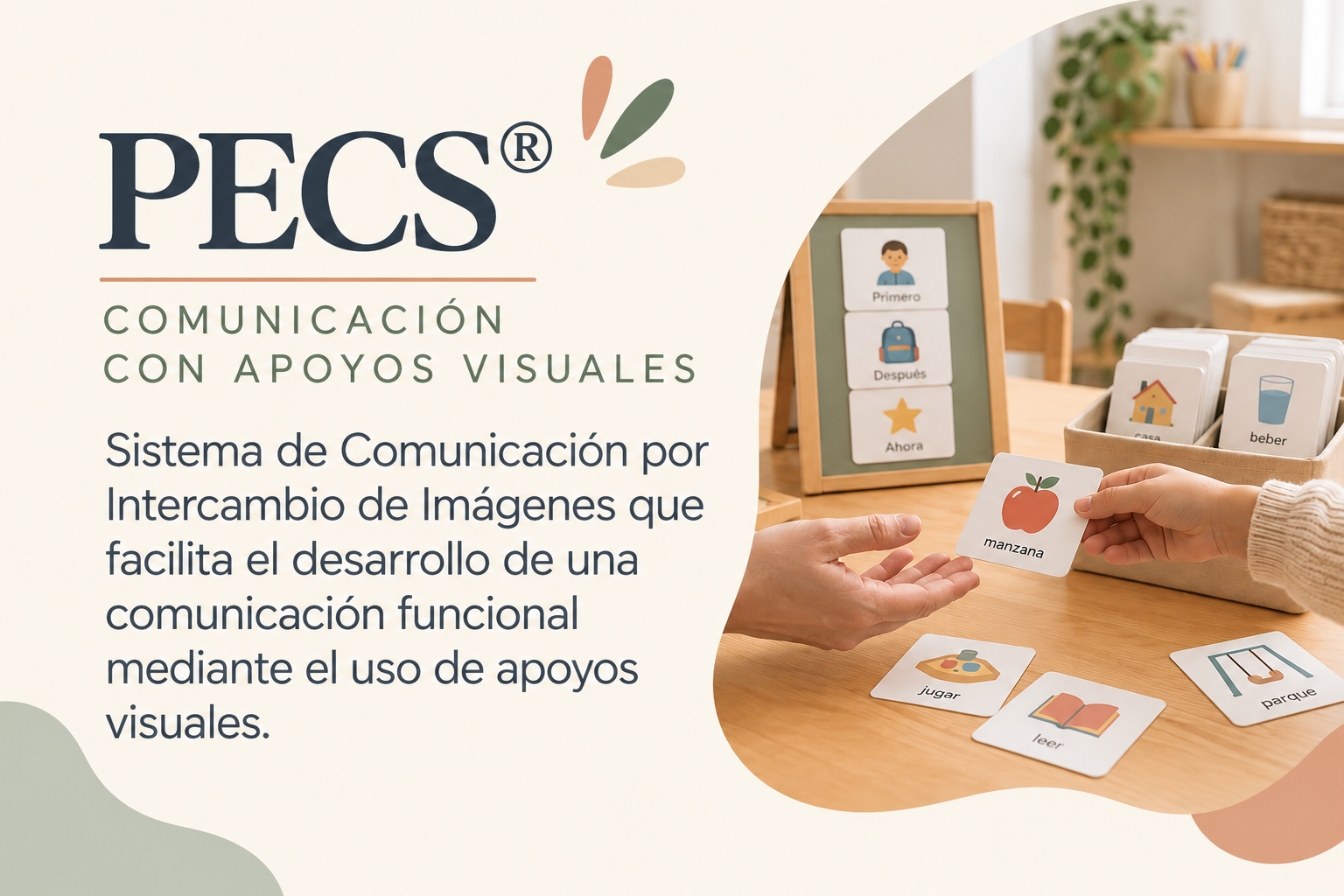 Imagen de un sistema de comunicación visual que muestra tarjetas con ilustraciones y palabras en español, usado para apoyar el desarrollo de la comunicación.