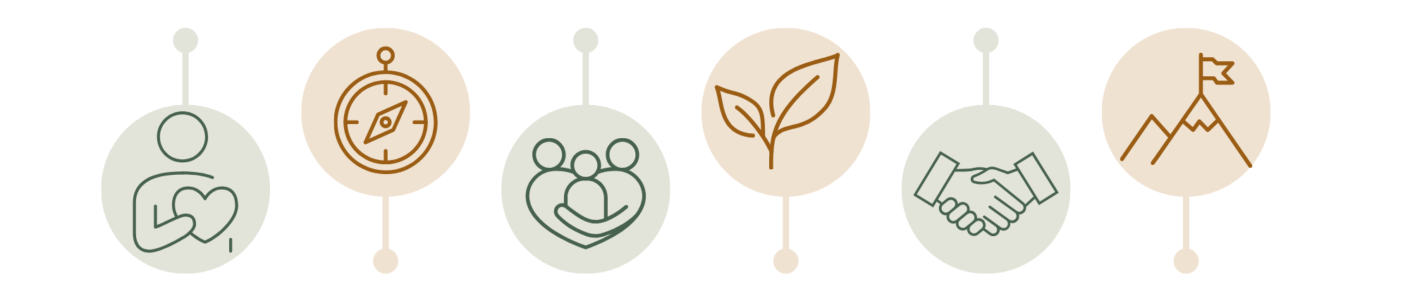 Iconos de una persona con corazón, una brújula, un grupo de personas abrazadas, una hoja, un apretón de manos, una montaña con bandera.
