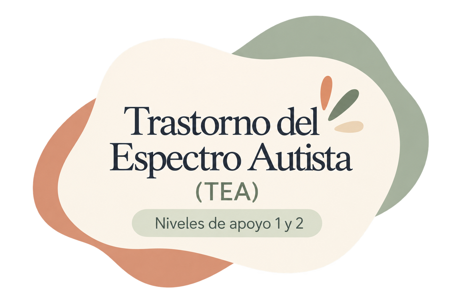 Etiqueta de producto que dice "Trastorno del Espectro Autista (TEA) Niveles de apoyo 1 y 2" con fondo de formas en tonos pastel
