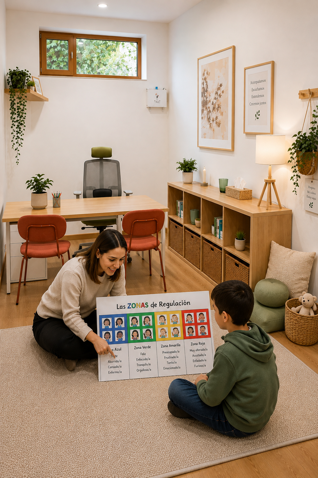 Una clase en una sala de terapia o aprendizaje con una mujer y un niño sentados en un tapete. La mujer sostiene una cartelera titulada "Las ZONAS de Regulación" que describe diferentes estados emocionales y sus colores, y el niño observa. La sala tiene muebles de madera, plantas, cuadros en la pared y una luz suave.