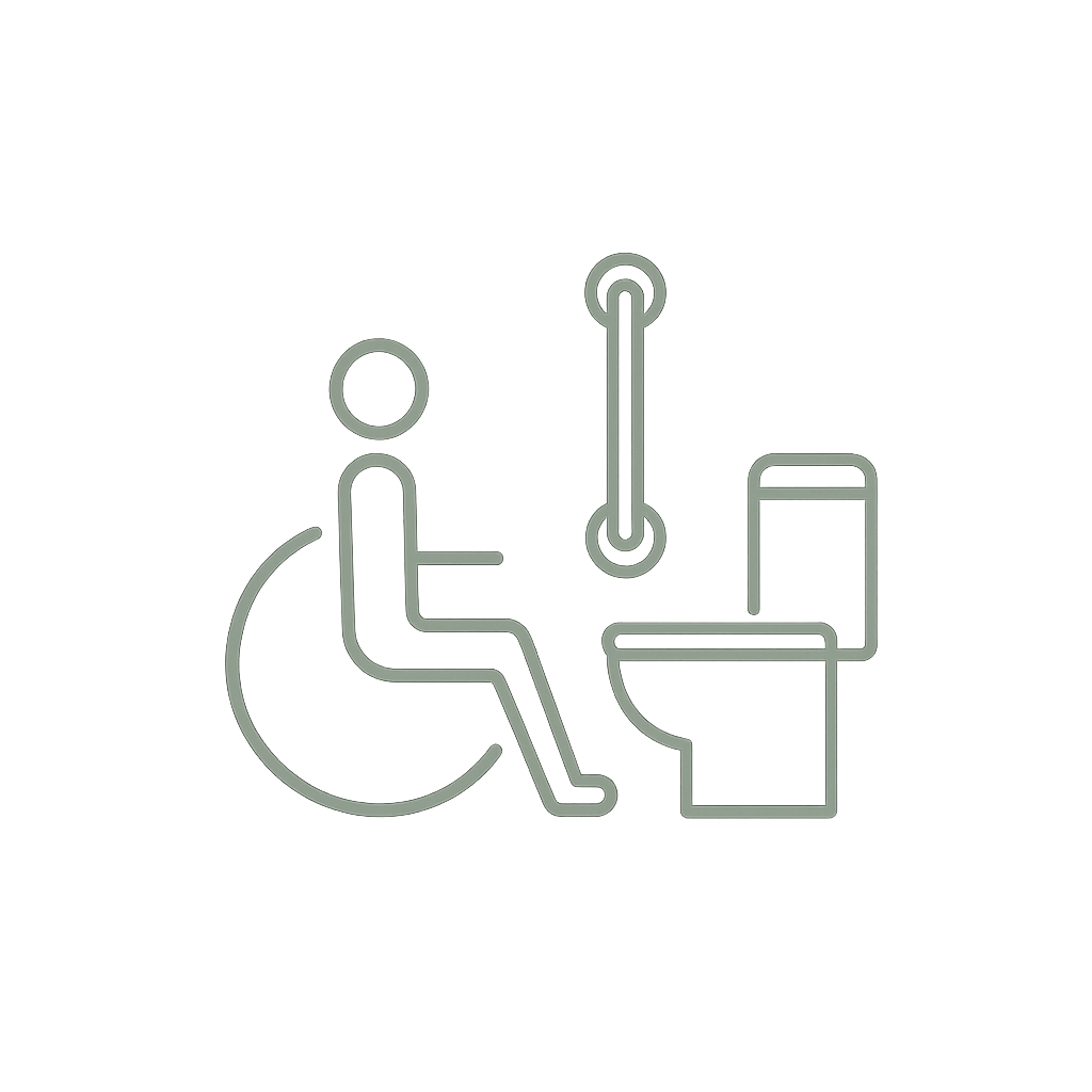 Símbolo de accesibilidad en baño, persona en silla de ruedas, inodoro con barra de seguridad.