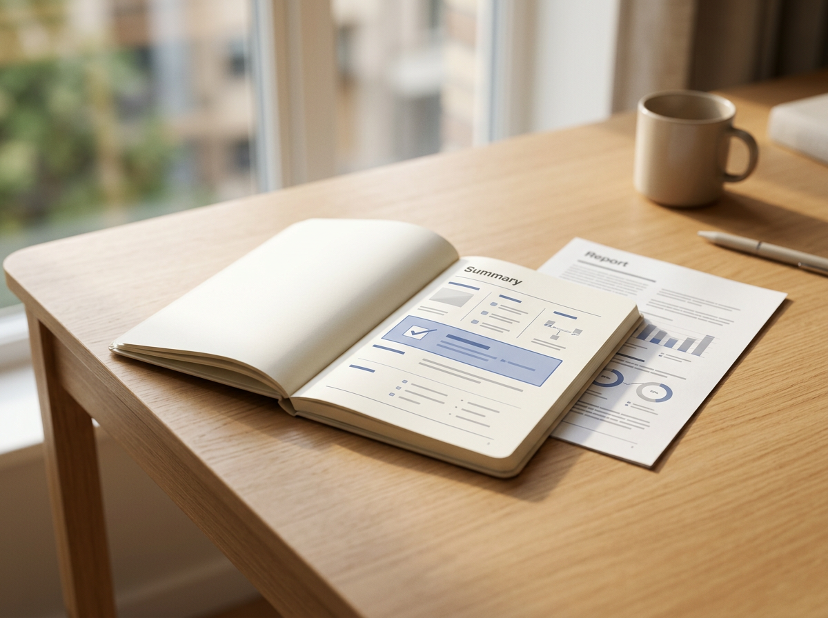 Open notes with graphs og tekst, en kop kaffe, en pen og en rapport på et træbord ved et vindue.
