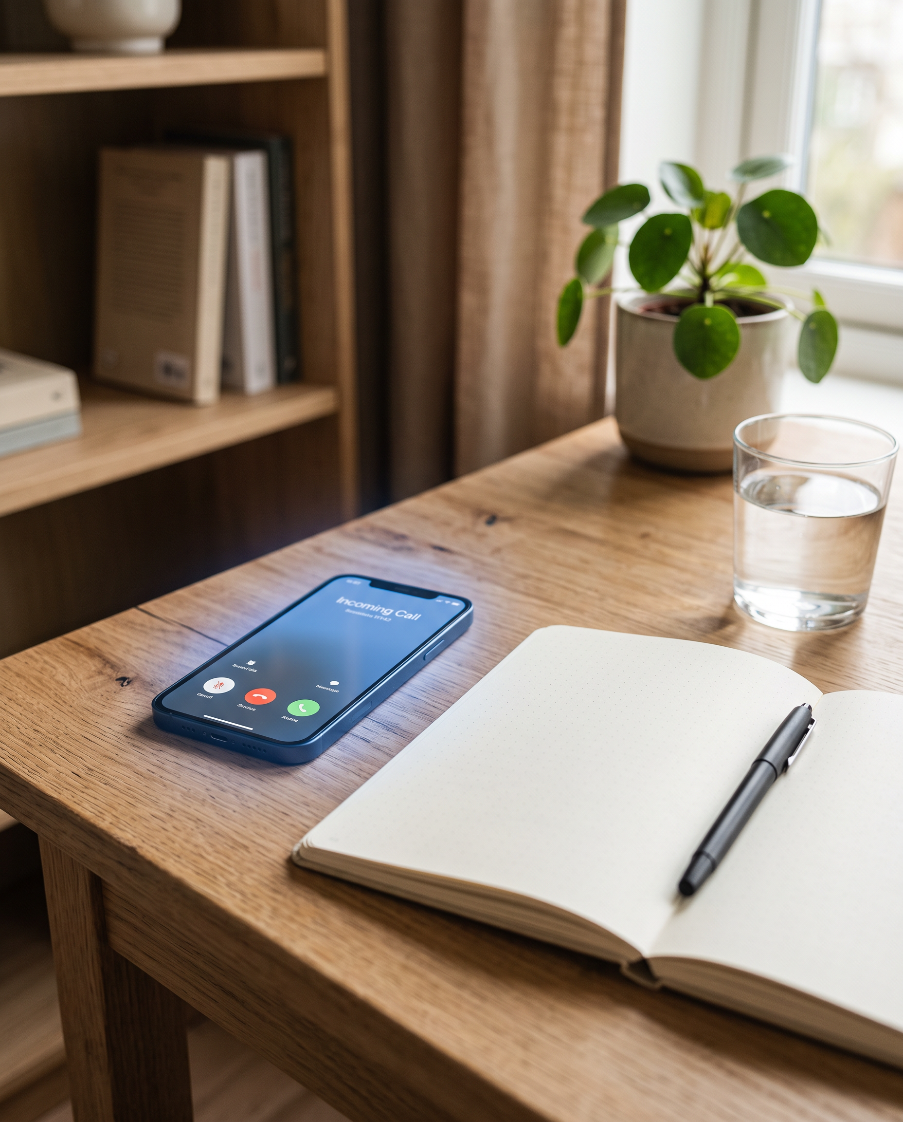 Et træbord med en åben notesbog, en sort kuglepen, et glas vand, en plante i en hvid potte, en smartphone, en bøgerække i baggrunden, og lyse gardiner ved et vindue.