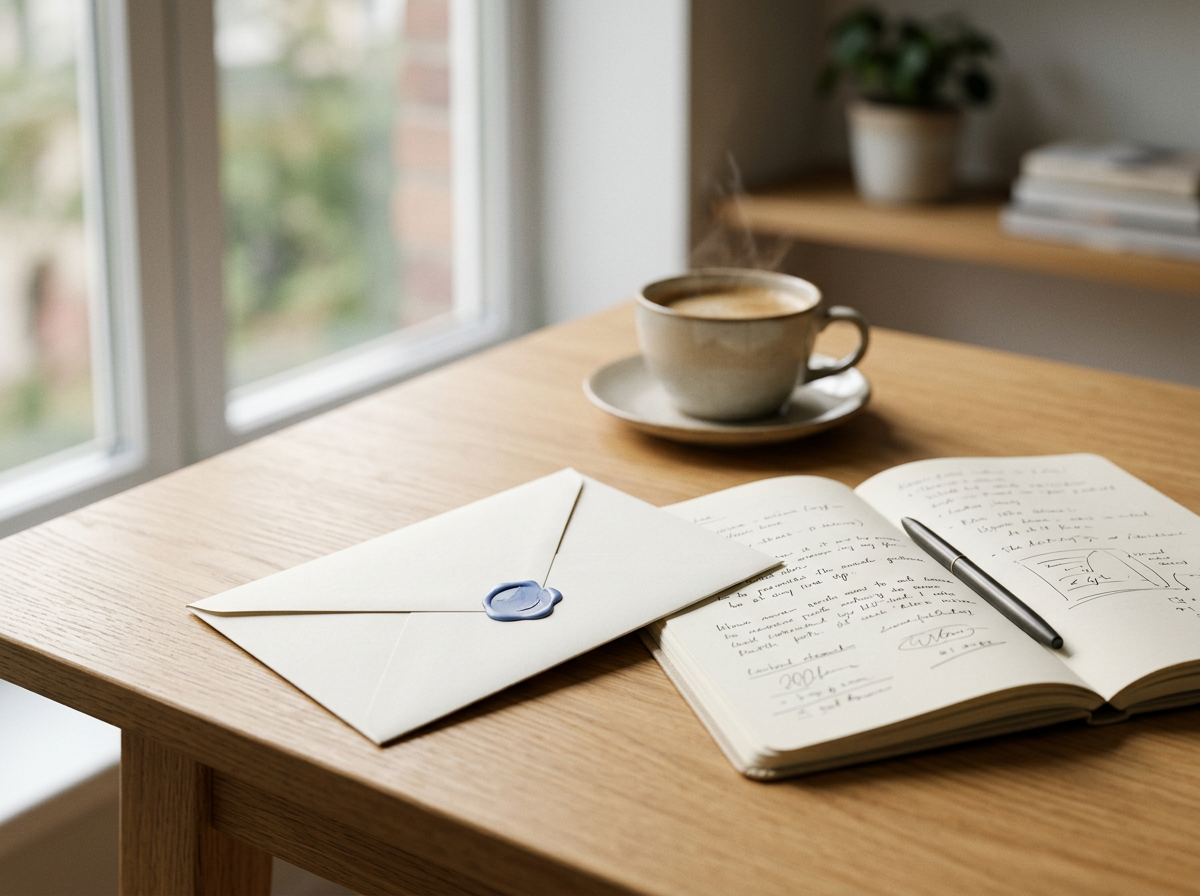 En kop dampende kaffe ved siden af en åben notesbog med pen, en kuvert med poststempel, og en plante på en hylde, foran et vindue.