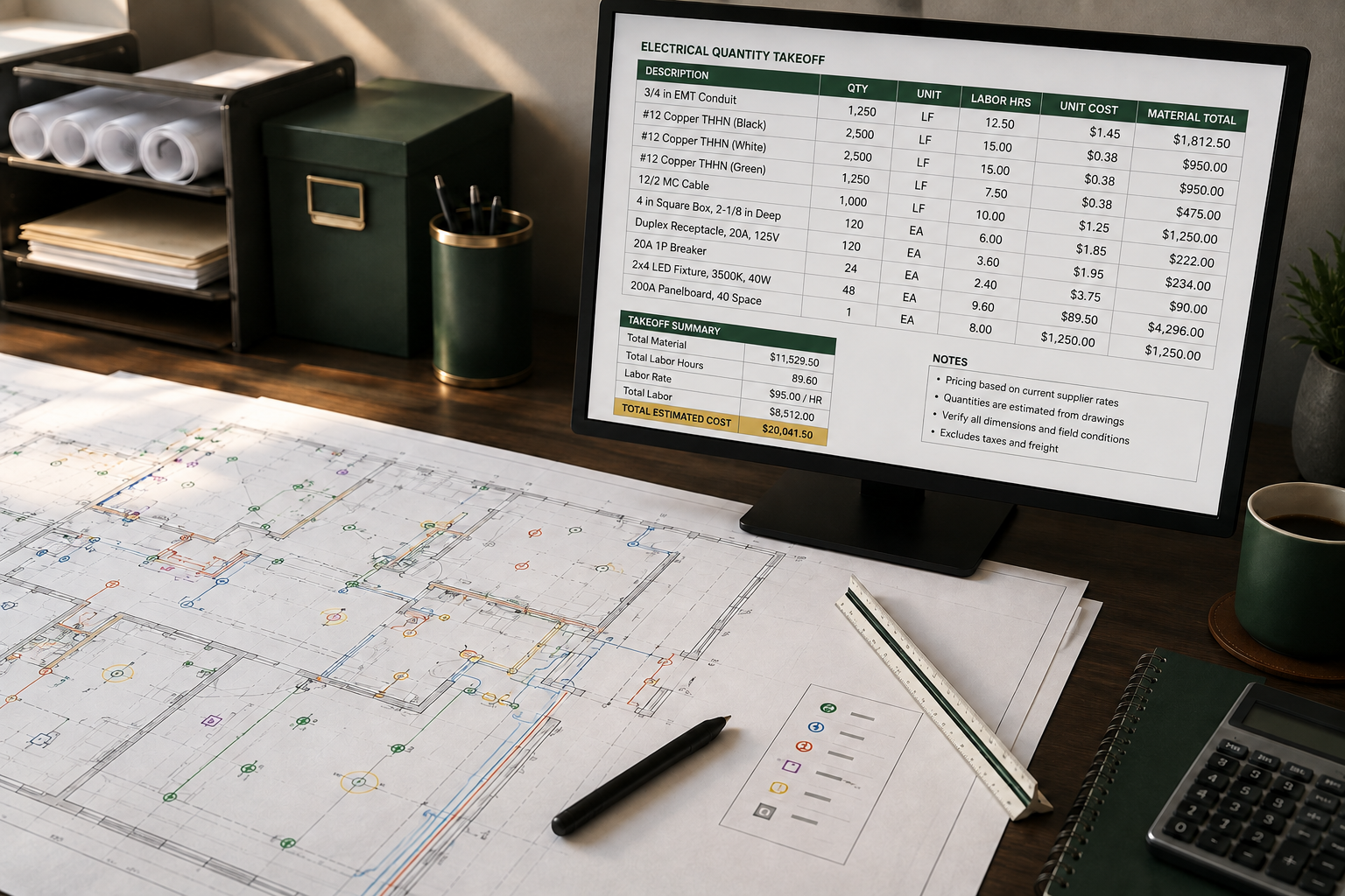 Architectural plans on a desk, with a computer monitor displaying an electrical quantity takeoff and cost summary, a calculator, a pen, a ruler, a notebook, and a coffee mug.