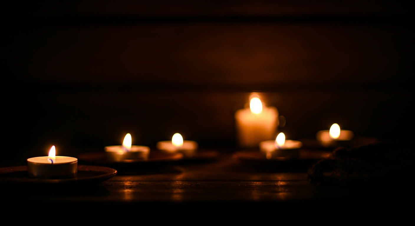 Six small lit tea candles placed on a wooden surface in a dark environment, creating a soft, warm glow.
