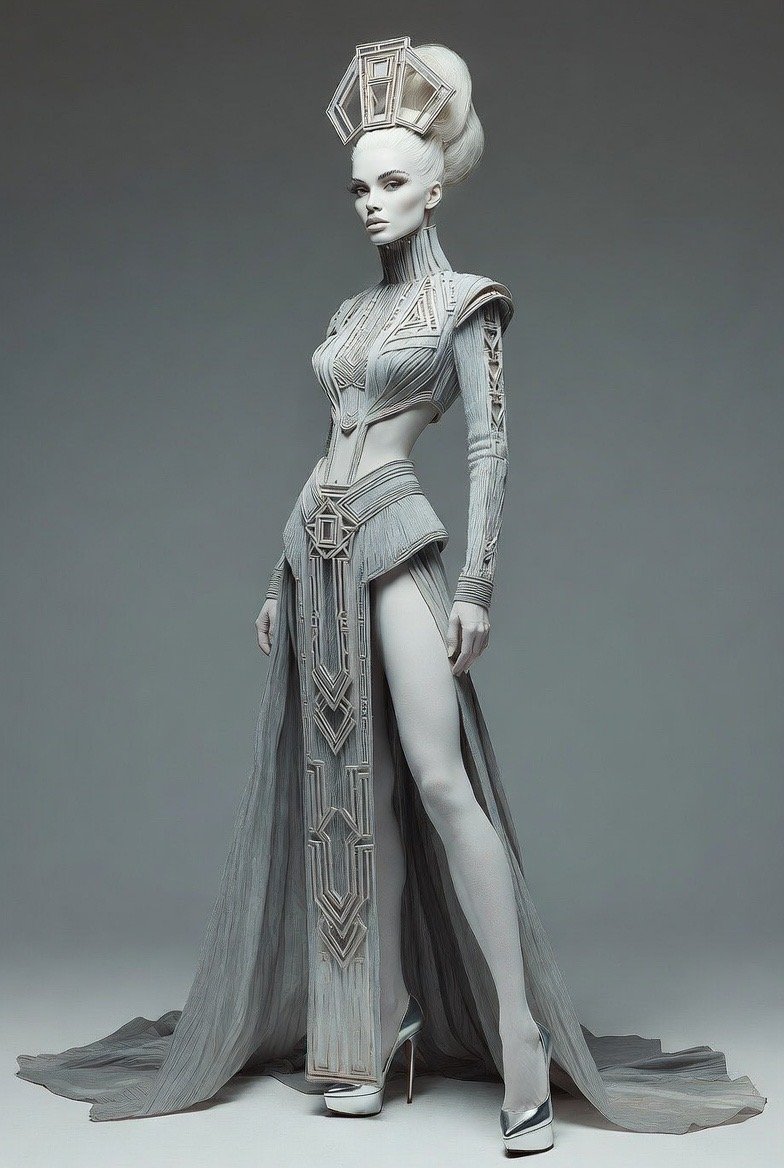 Fashion model wearing a futuristic, metallic silver gown with geometric patterns and high slit, accessorized with a tall, elaborate headpiece.