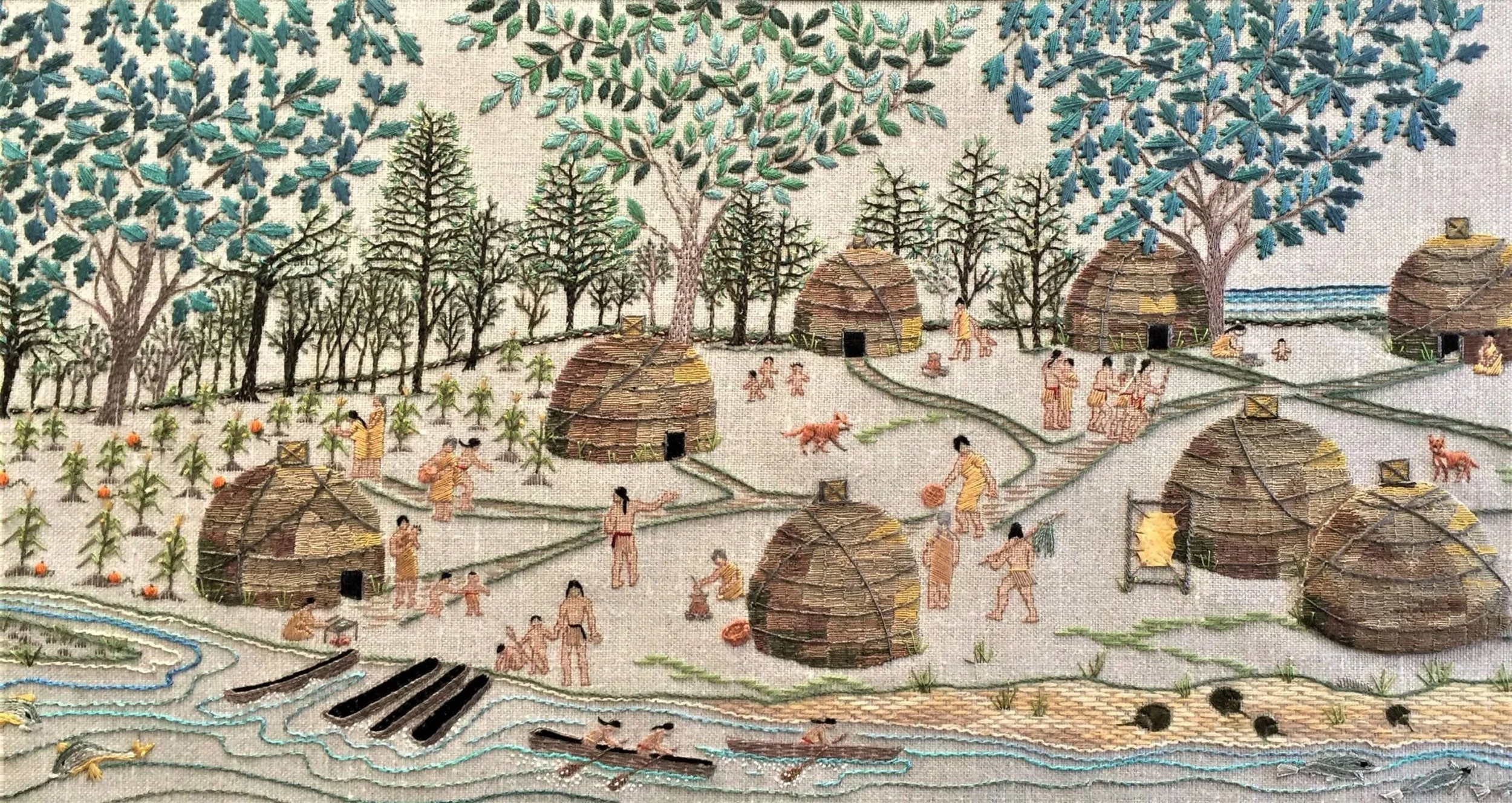 Plymouth Tapestry, 2022. Detail showing Wampanoag village of Patuxet (later Plymouth) before the arrival of English colonists, with indigenous families gathering and planting corn near their seasonal homes. Pilgrim Hall Museum