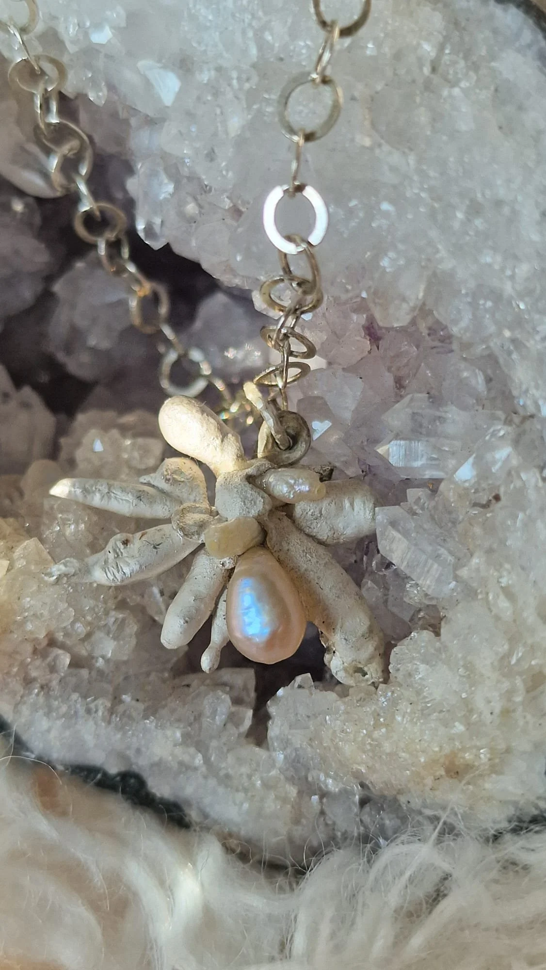 Reduction-fired .999 fine silver and mixed baroque south sea and keishi pearl pendant - reminiscent of a drift artifact coral cluster