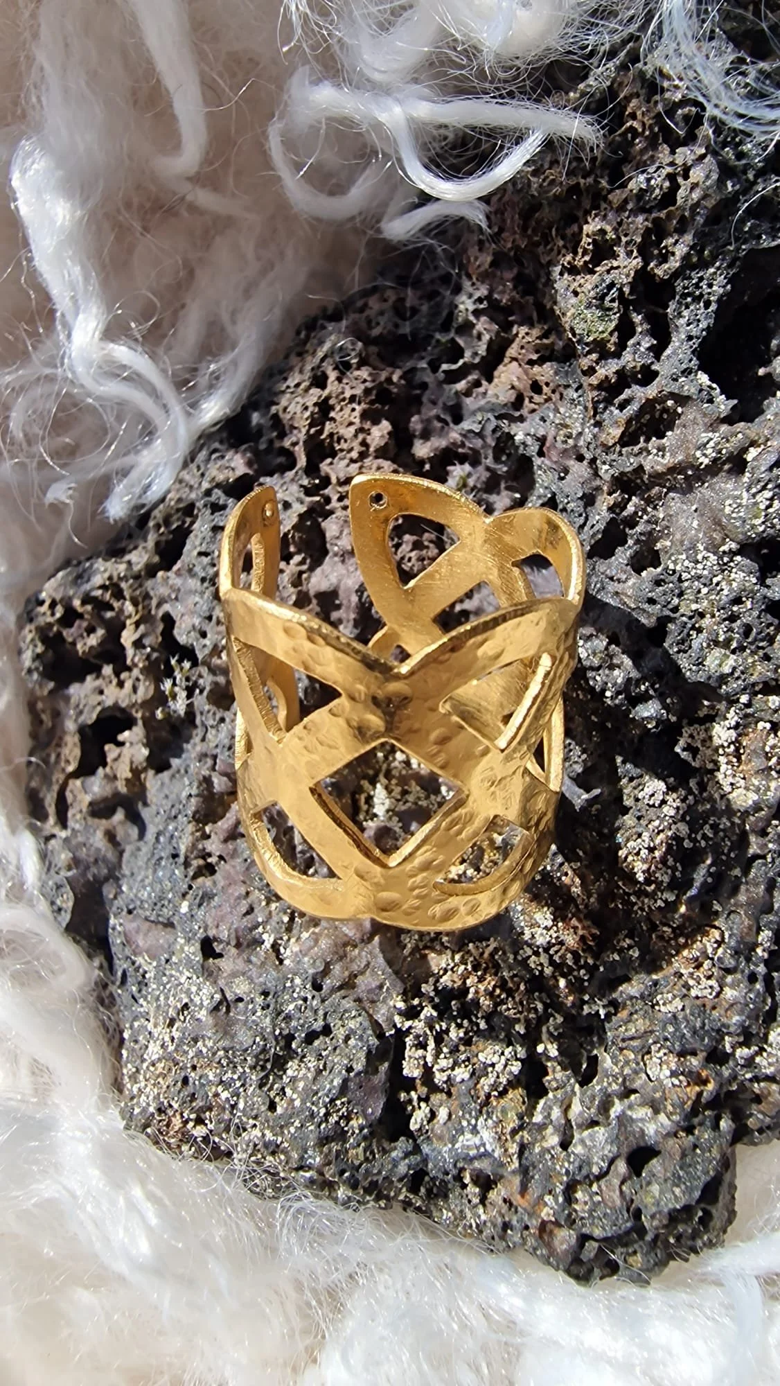 Brutalist 24ct Gold Vermeil Open Cuff Chunky Textured Statement Ring