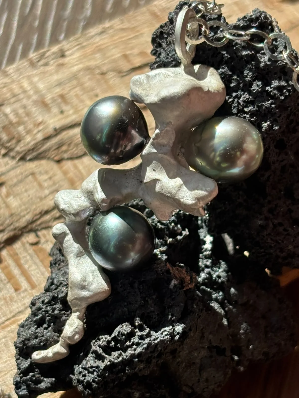 Tracey O Revuelta The Abyssal Tahitian Peacock Pearl and Reduction Fired Geological Rift Hand Cast Silver Pendant (29).jpeg