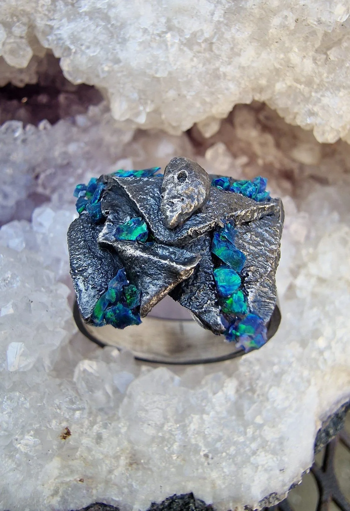 The Bruarfoss Oxidised Sterling Silver & Rivers of Opal Meltwater ring - Fine reticulated stacked Sterling Silver & natural Opal shards brutalist ring - Bespoke brutalist design wearable art designs for the discern collector by Tracey O Revuelta