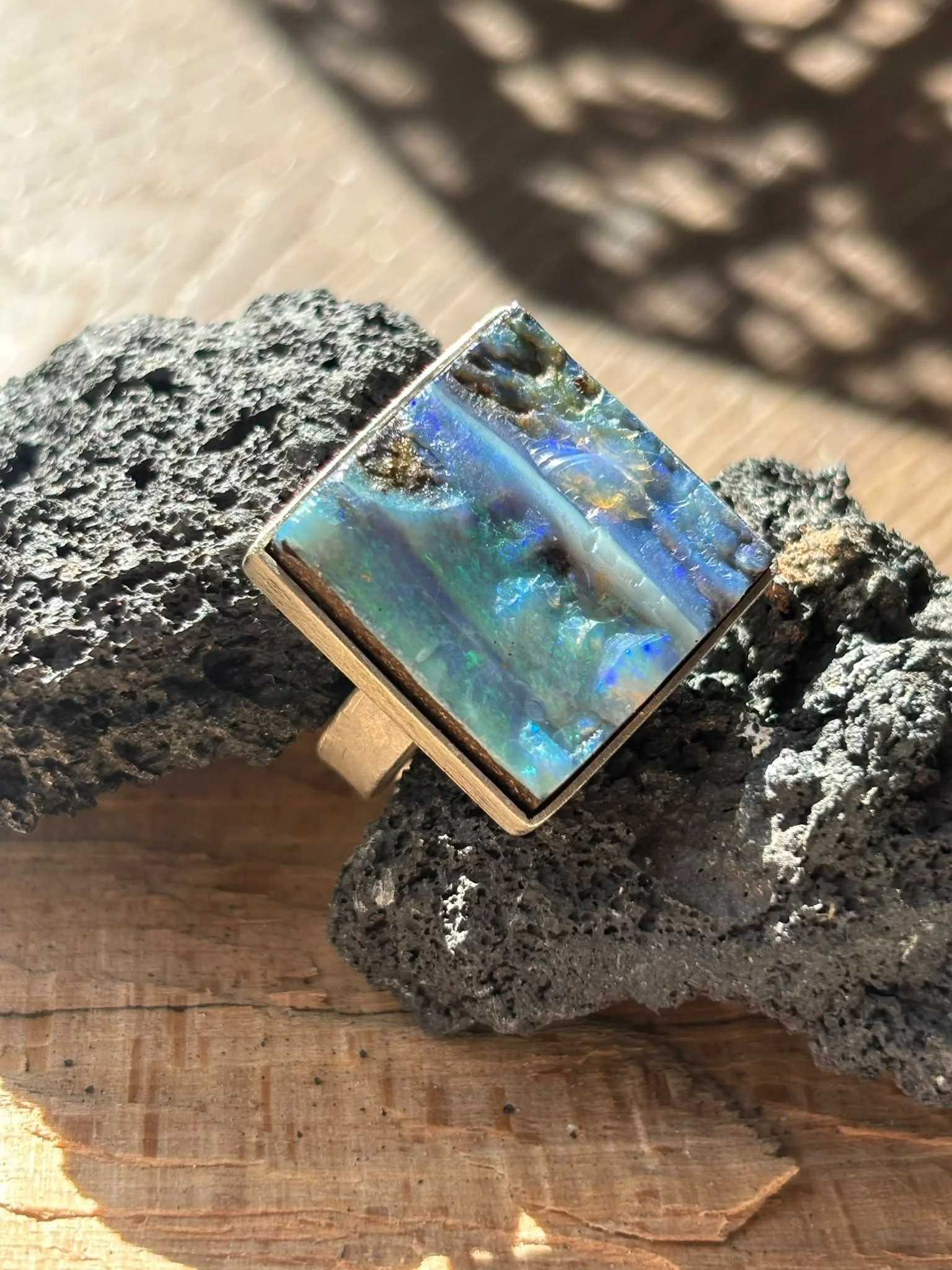 Tracey O Revuelta The Brutalist Architectural Fine Silver & Ridge Rift Boulder Opal B5 brilliance 360 degree Neon Flashing  Fire Ring (17) - Copy.jpeg