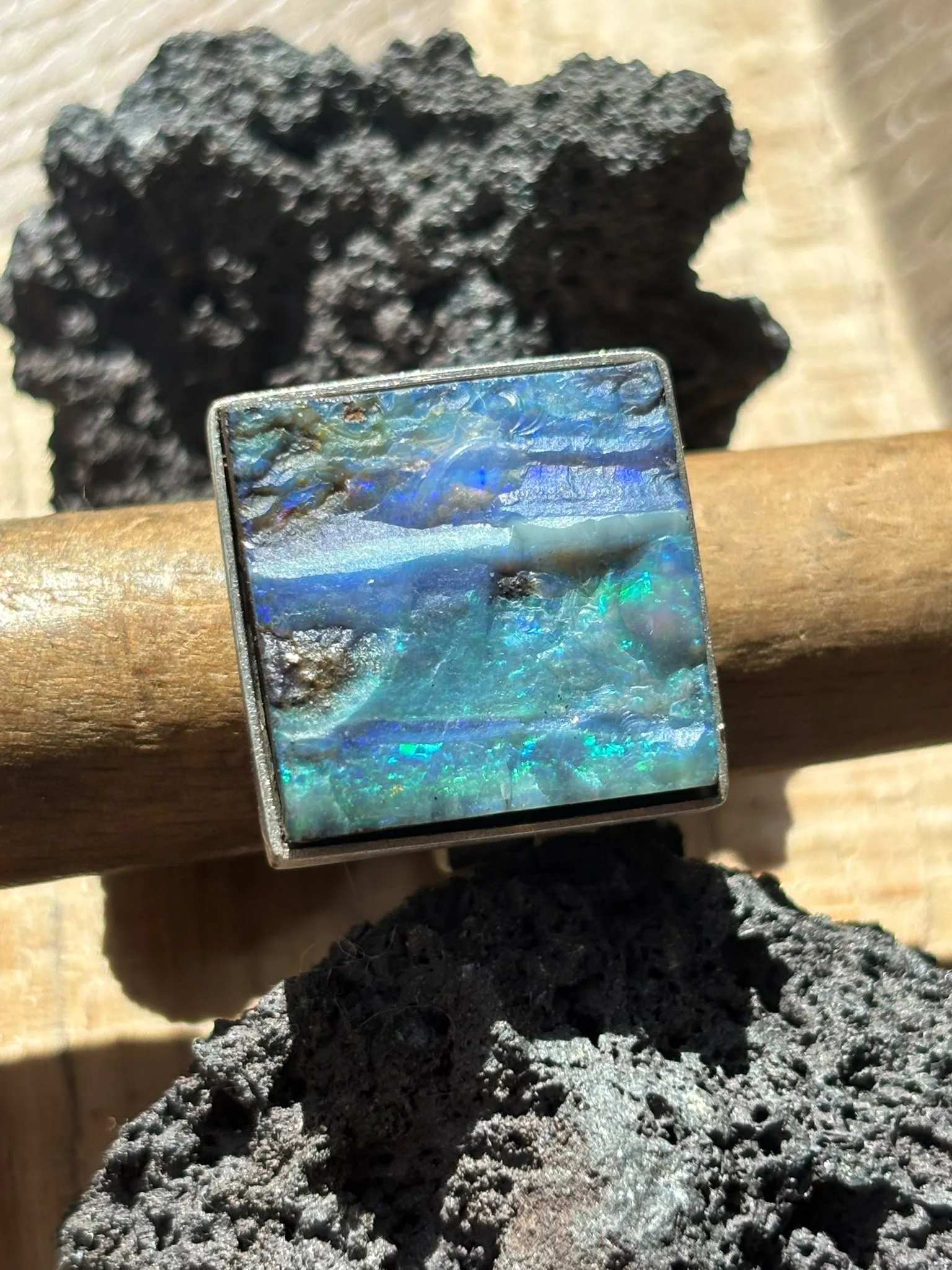 Tracey O Revuelta The Brutalist Architectural Fine Silver & Ridge Rift Boulder Opal B5 brilliance 360 degree Neon Flashing  Fire Ring (14) - Copy.jpeg