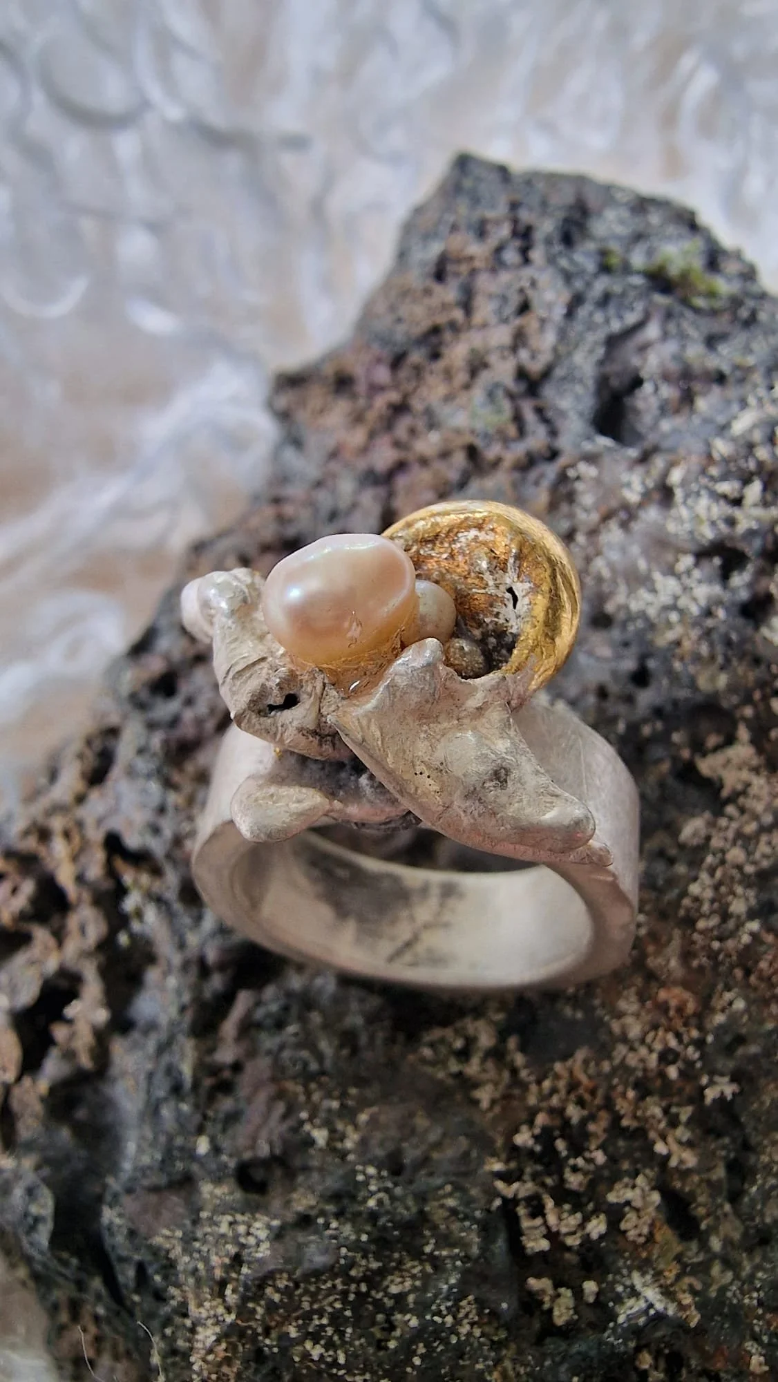 Baroque Pearl, Fine Silver & 24ct Gold Vermeil Brutalist Abyssal Orchid Luxury Ring - Fine thown Sterling Silver & saltwater pearl Brutalist ring - Bespoke brutalist design wearable art designs for the discerning collector by Tracey O Revuelta