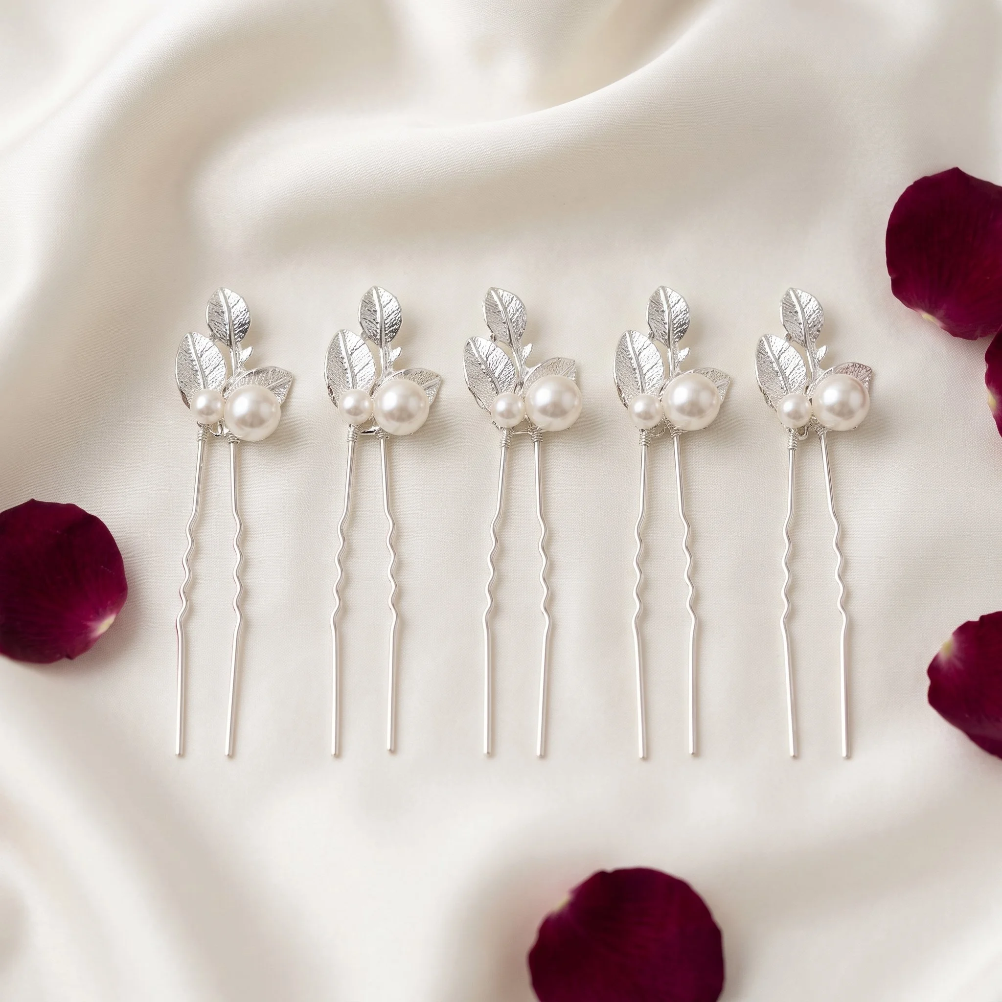 Pearl and Leaf Hairpins- Set of 5